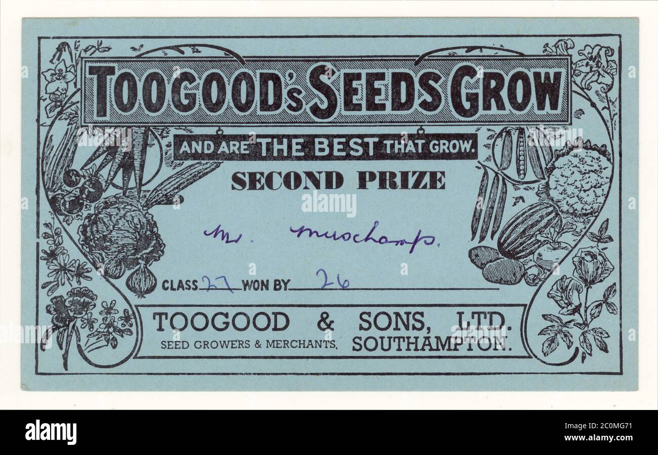 Certificato promozionale secondo premio per i semi di Toogood, splendidamente illustrato con immagini di fiori e verdure, circa 1963, Southampton, Hampshire, Inghilterra, Regno Unito Foto Stock