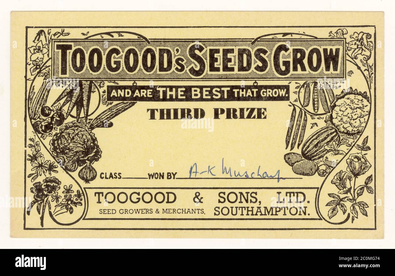 Certificato promozionale terzo premio per i semi di Toogood, splendidamente illustrato con immagini di fiori e verdure, datato al reverse 1963, Regno Unito Foto Stock