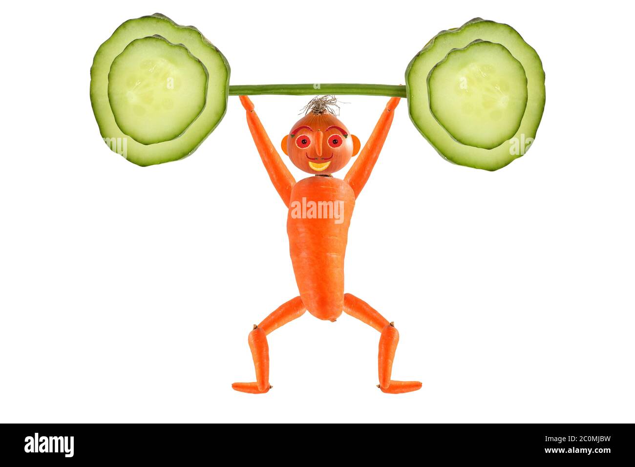 Mangiare sano. Divertente uomo piccolo alza bar. Foto Stock