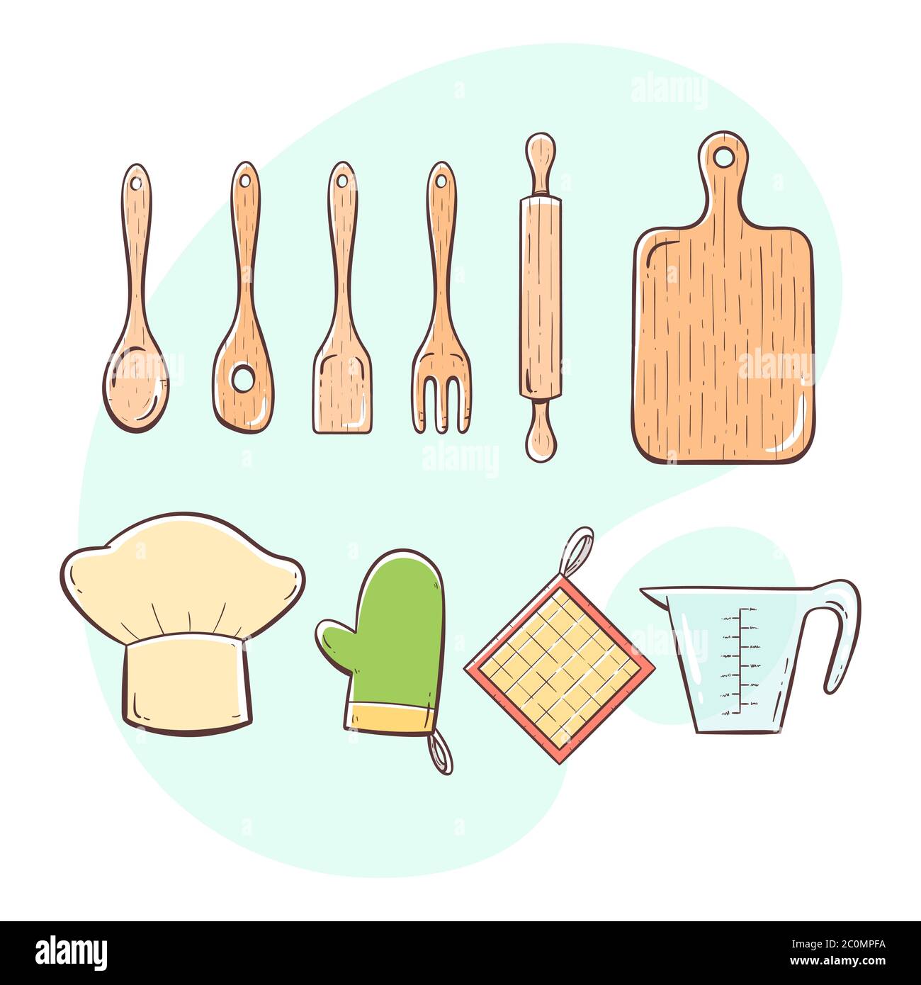Utensili da cucina. Raccolta di utensili da cucina per cucinare, servire, mescolare e tagliare. Collezione di colori disegnati a mano. Illustrazione Vettoriale
