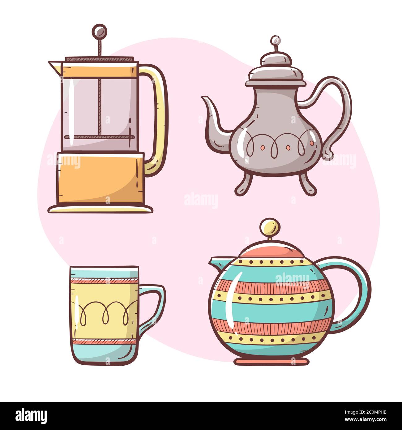 Set per la preparazione di tè e caffè. Teiera ornata, macchina per il caffè, caffè e tea Cup. Collezione di colori disegnati a mano. Set 4 di 5. Illustrazione Vettoriale