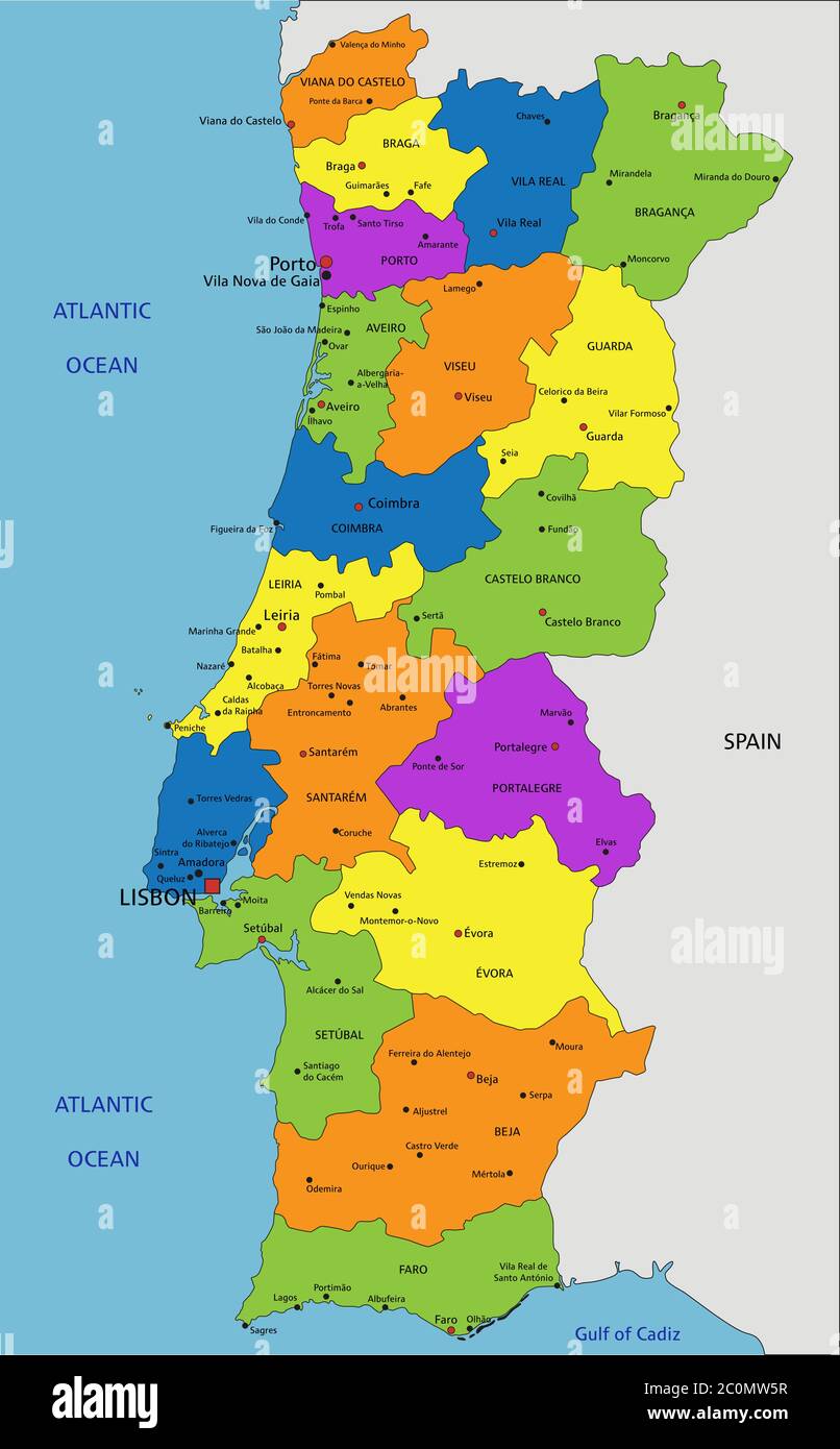 Mappa politica del Portogallo colorata con strati chiaramente etichettati e separati. Illustrazione vettoriale. Illustrazione Vettoriale