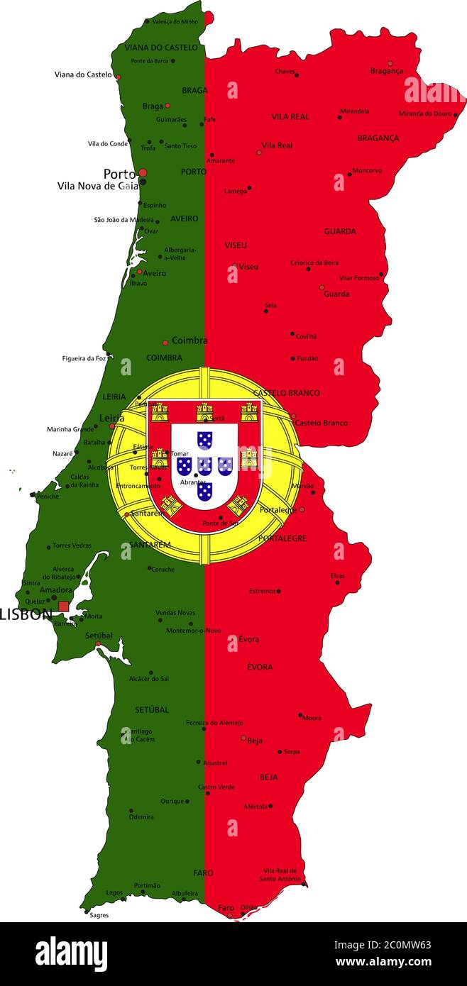 Portogallo Mappa politica molto dettagliata con bandiera nazionale. Illustrazione Vettoriale