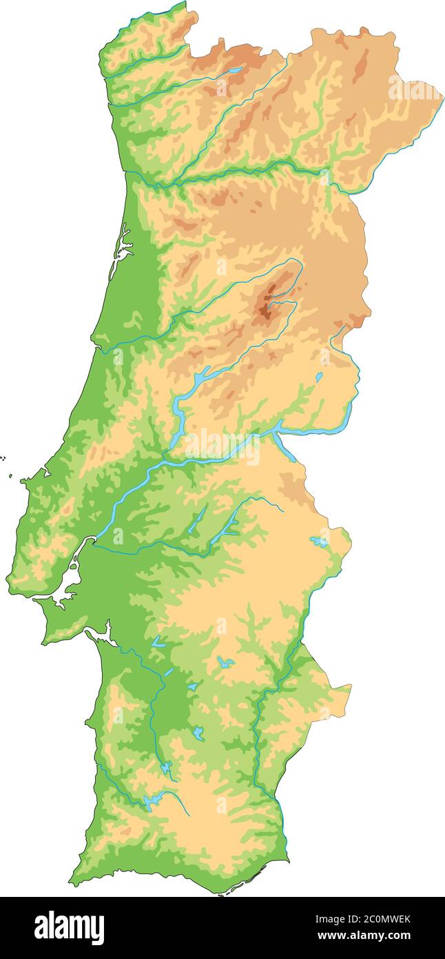 Mappa fisica del Portogallo in alto dettaglio. Illustrazione Vettoriale