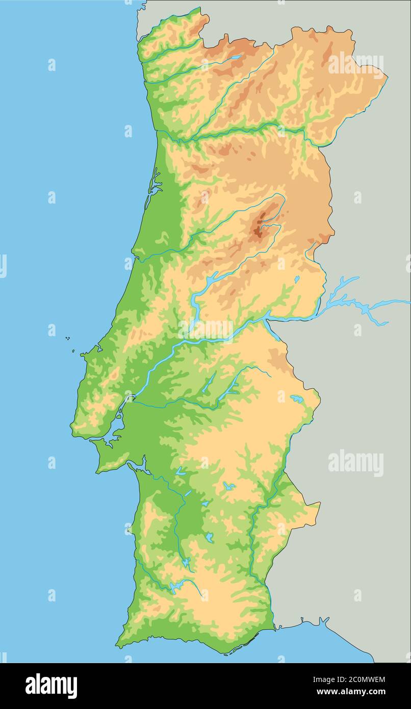 Mappa fisica del Portogallo in alto dettaglio. Illustrazione Vettoriale