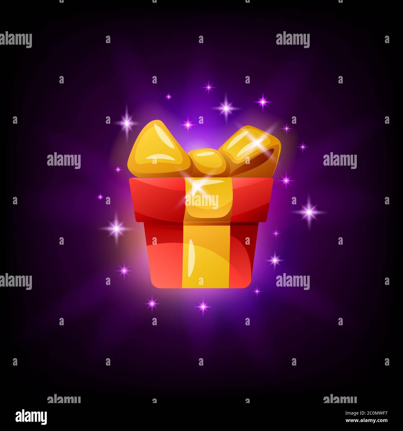 Icona dell'interfaccia di gioco della scatola regalo su sfondo nero. Premi o premi elemento GUI per app mobile, illustrazione vettoriale in stile cartoon Illustrazione Vettoriale