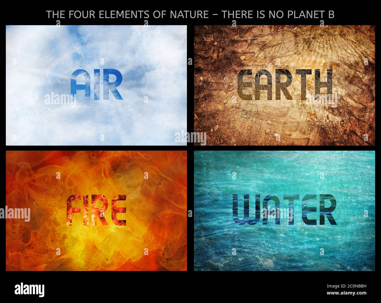 Quattro elementi della natura, non c'è il pianeta B, composizione di splendidi sfondi con testo di iscrizione, aria, Terra, acqua e fuoco, concetto di ecologia Foto Stock