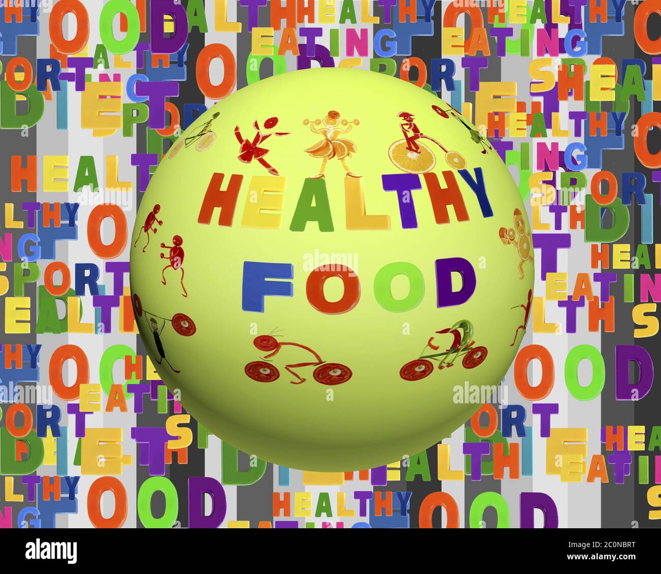 Immagine concettuale di nube di tag contenente parole relative a cibo, sport, nutrizione e stile di vita sano sotto forma di sphe Foto Stock