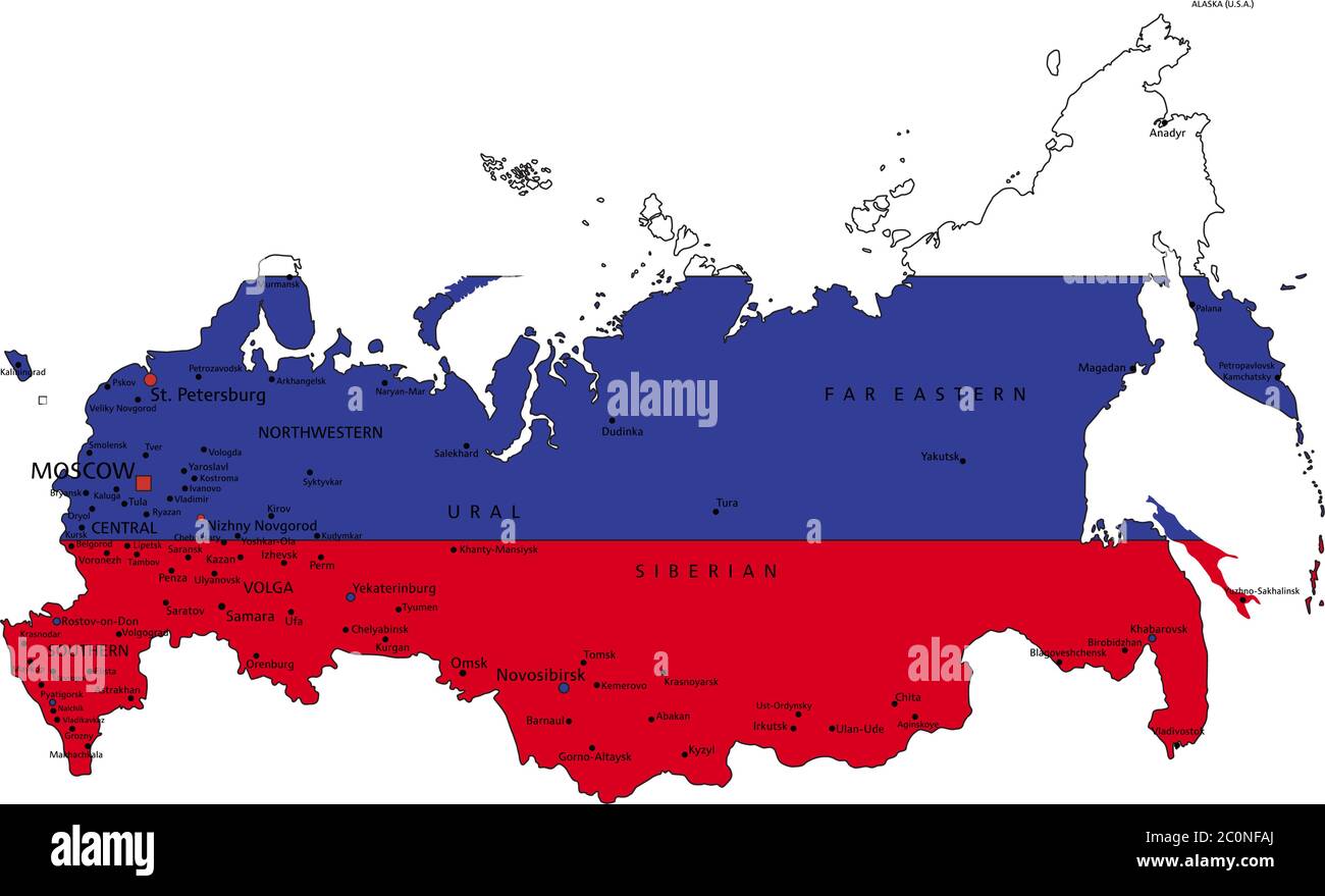 Russia Mappa politica molto dettagliata con bandiera nazionale isolata su sfondo bianco. Illustrazione Vettoriale
