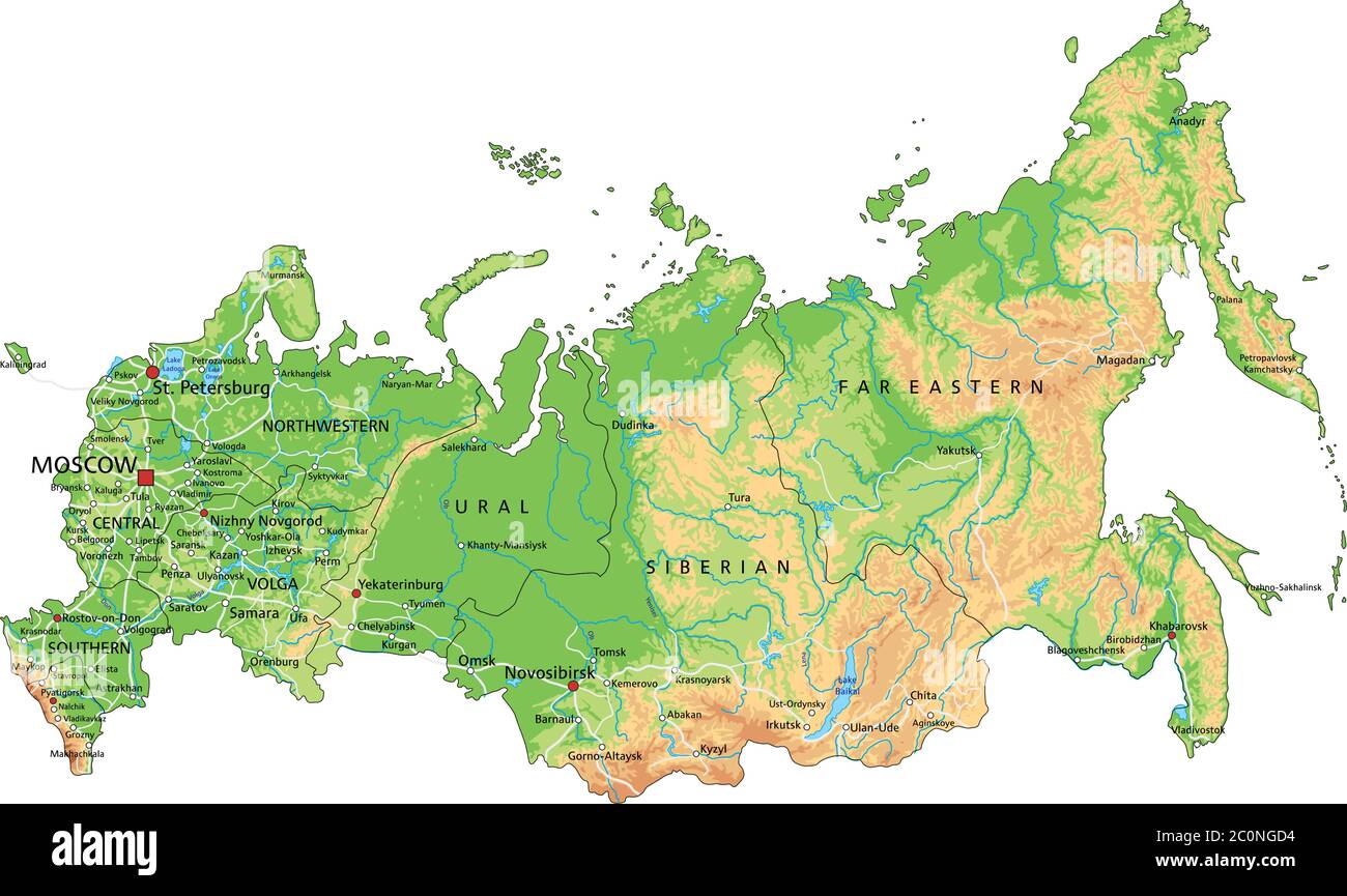 Mappa fisica Russia con etichettatura. Illustrazione Vettoriale