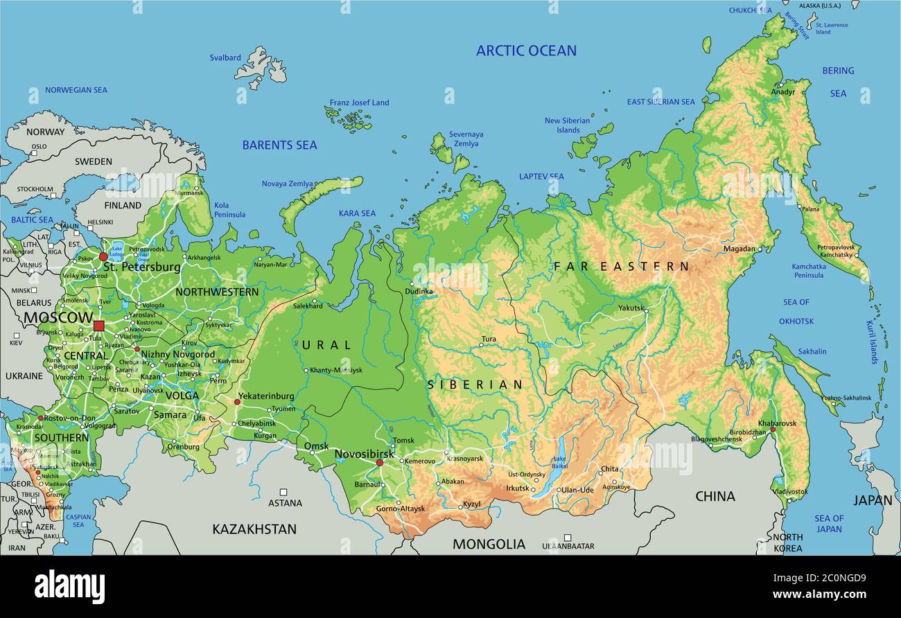 Mappa fisica Russia con etichettatura. Illustrazione Vettoriale