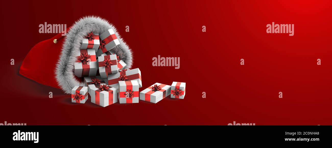 Borsa di Natale piena di regali rossi 3D rendering sfondo rosso Foto Stock