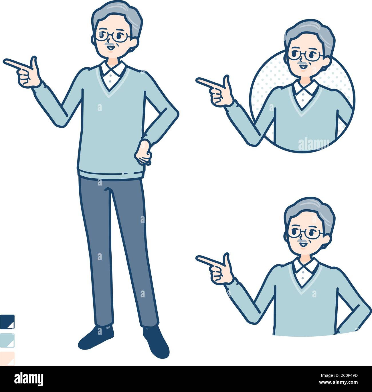 Senior Man con spiegazione che indica l'immagine. È arte vettoriale, quindi è facile da modificare. Illustrazione Vettoriale