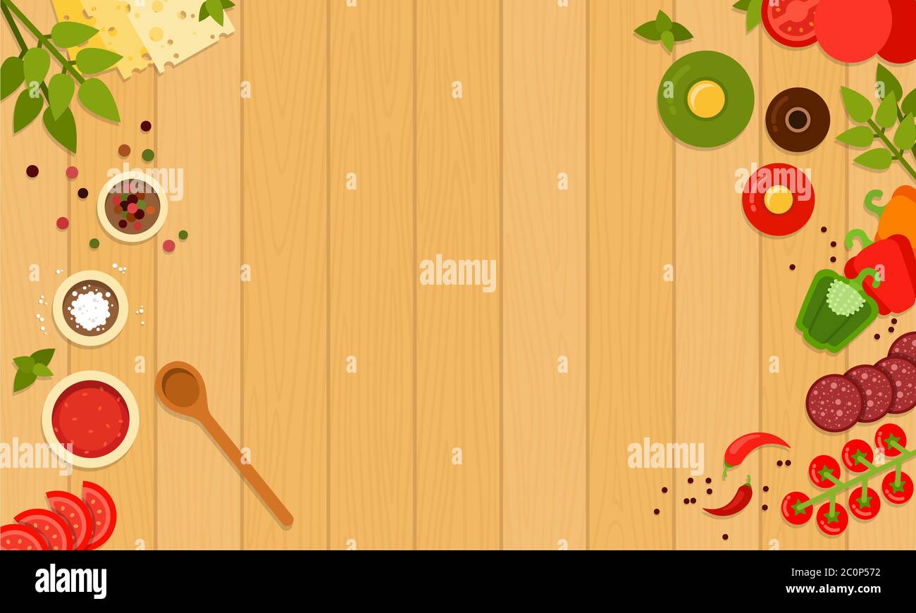Ingredienti per cucinare pepperoni. Illustrazione vettoriale in design piatto. Pasto con vista dall'alto. Illustrazione Vettoriale