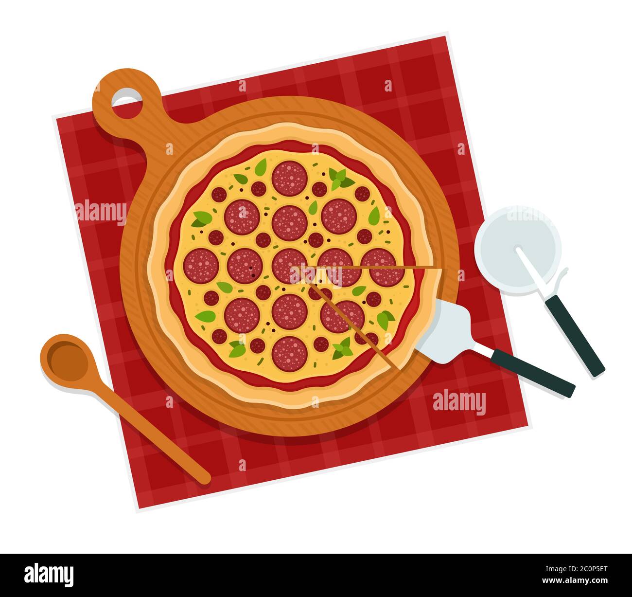 Deliziosa pizza pepperoni. Illustrazioni piatte vettoriali. Fast food preferito. Illustrazione Vettoriale