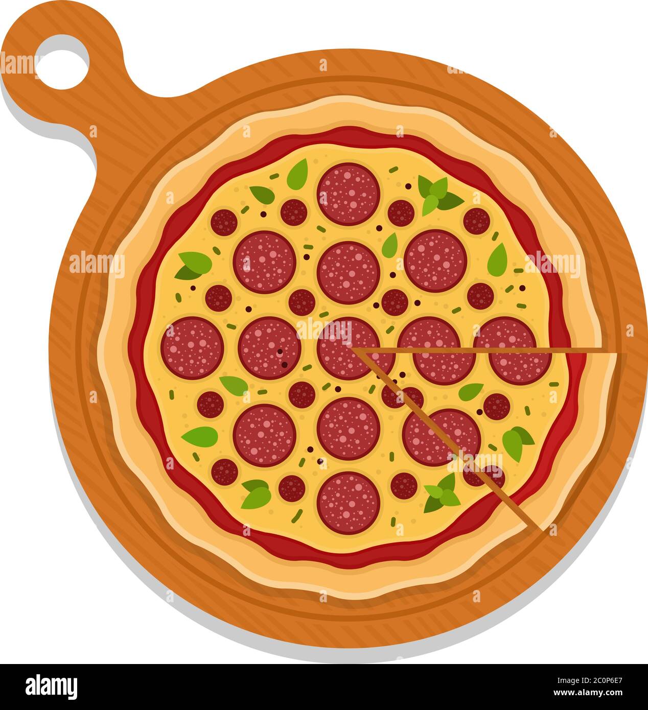 Tavola per pizza pepperoni con un unico pezzo di vettore piatto isolato Illustrazione Vettoriale