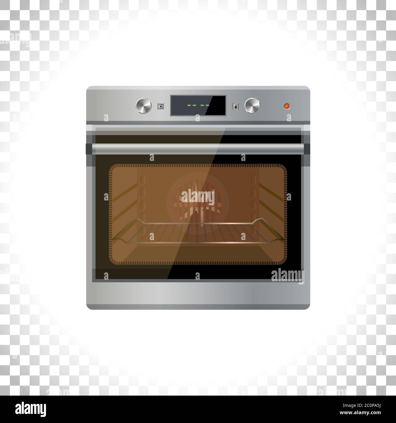 Forno multifunzione moderno, display digitale, menu a sfioramento, timer, chiusura sportello e accensione della luce. Vista frontale. Forno elettrico da cucina con vetro trasparente. Illustrazione Vettoriale