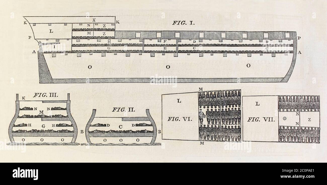 Sezione della nave schiava Brookes progettata per mostrare la sofferenza degli schiavi africani trasportati nel passaggio di mezzo durante il commercio transatlantico degli schiavi. Questa famosa illustrazione pubblicata per la prima volta nel 1787 fu ampiamente diffusa e fece molto per far progredire la causa abolizionista mostrando la disumanità del commercio degli schiavi. Foto Stock