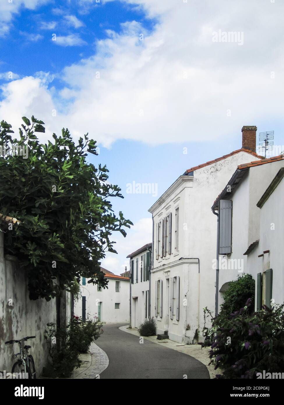 Architettura tradizionale francese e persiane su una strada sull'isola di Ile de Re, al largo della costa occidentale della Francia Foto Stock