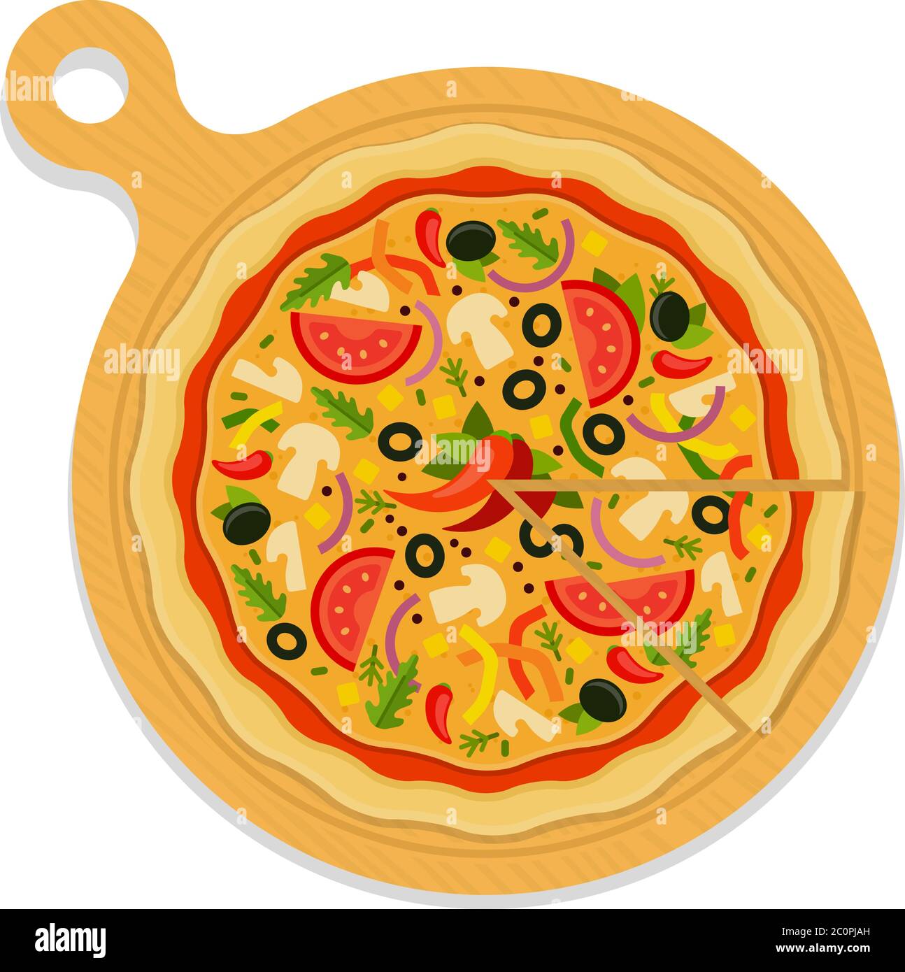 Pizza messicana a bordo con un pezzo tagliato piatto icona vettore isolato Illustrazione Vettoriale