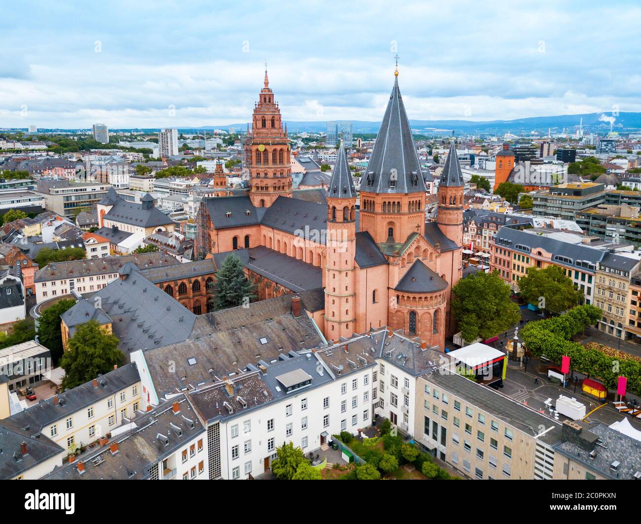 Mainz antenna Cattedrale vista panoramica, si trova presso la piazza del mercato della città di Magonza in Germania Foto Stock