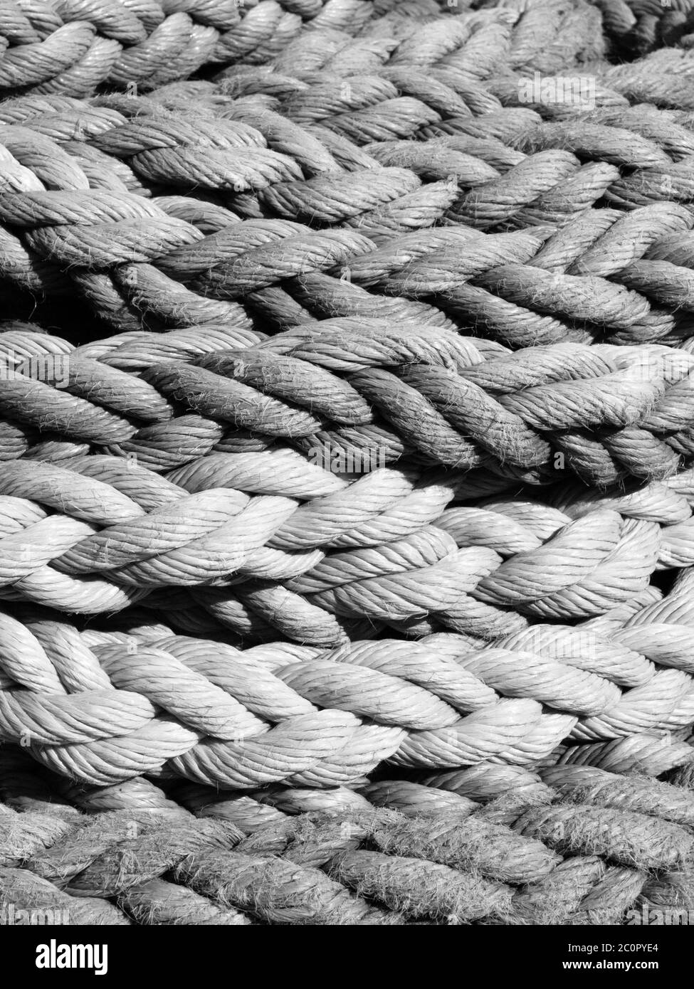 Vista dettagliata di corda rossa, sfondo nautico in bianco e nero Foto Stock
