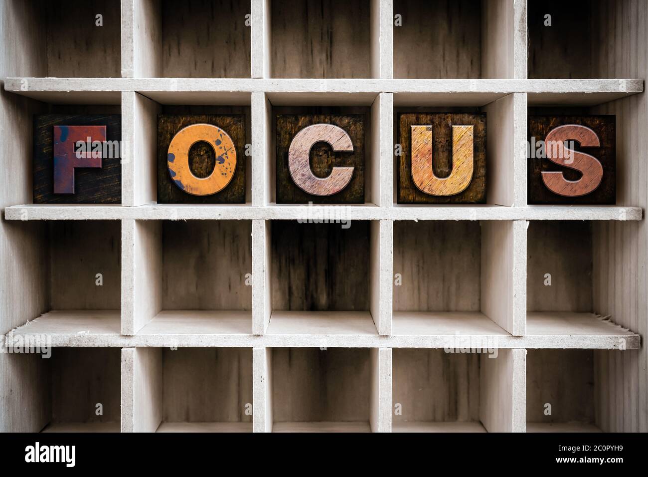 Focus Concept Letterpress in legno tipo in disegno Foto Stock