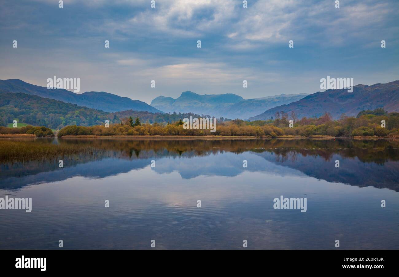 I Langdale Pikes si riflettevano nel lago d'acqua Elter in autunno, Lake District, Inghilterra Foto Stock