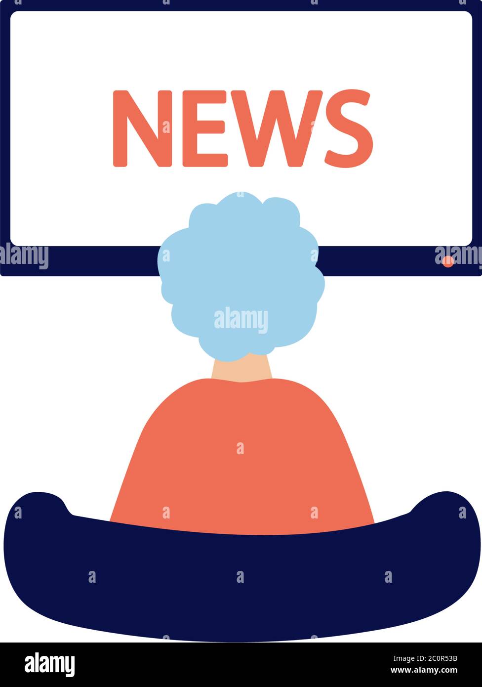 Gli anziani soggiornano a casa, guardano la TV. Donna anziana che guarda le notizie. Vista posteriore. Mass media, concetto di informazione. Bianco posto vuoto per il testo. Moderno Illustrazione Vettoriale