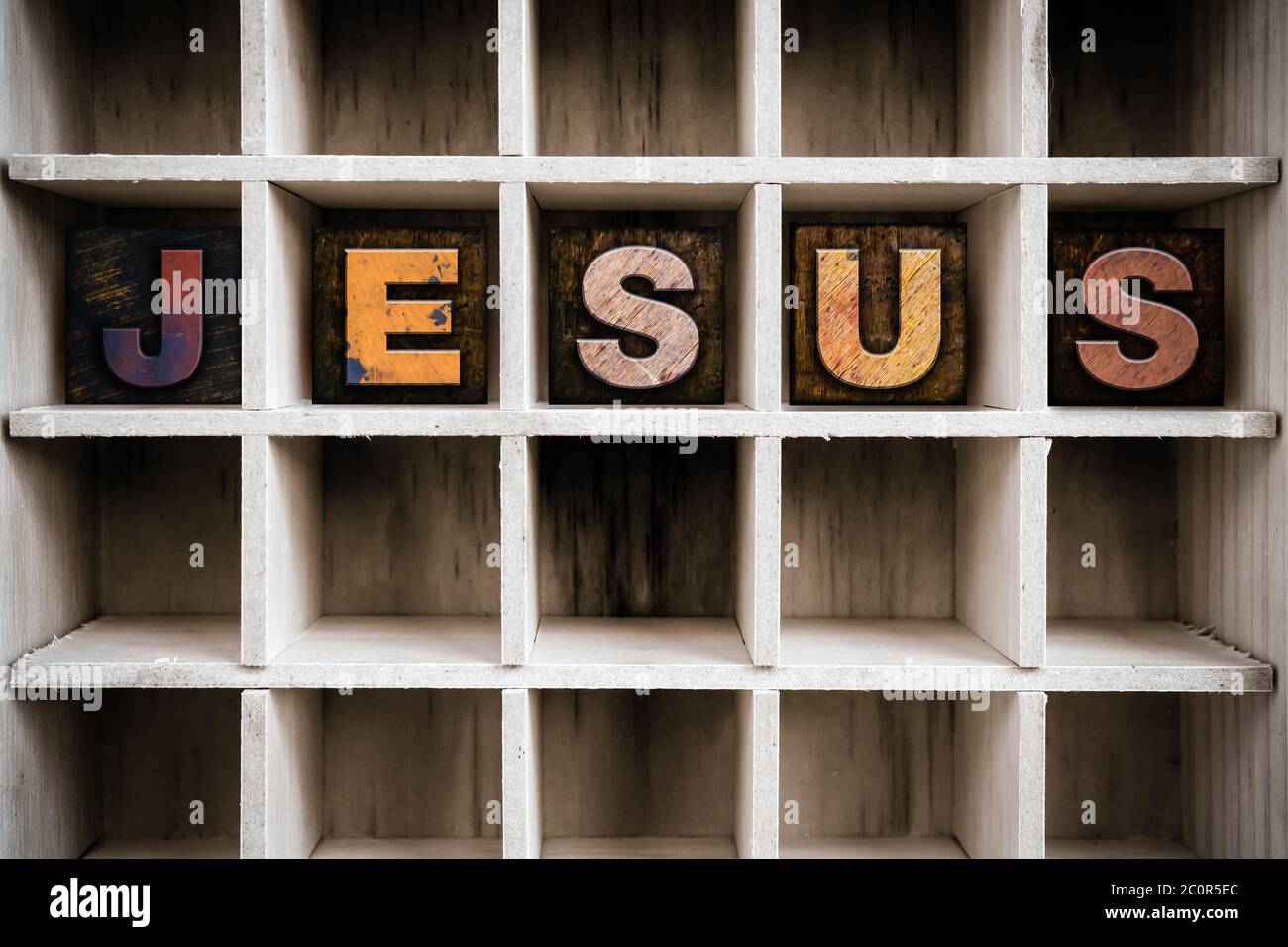 Jesus Concept Letterpress in legno tipo in disegno Foto Stock