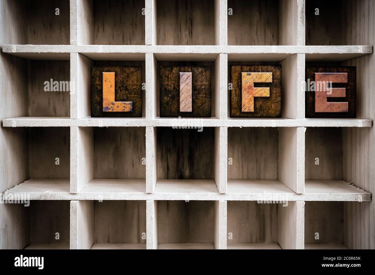 Tipo di letterpress in legno Life Concept nel cassetto Foto Stock