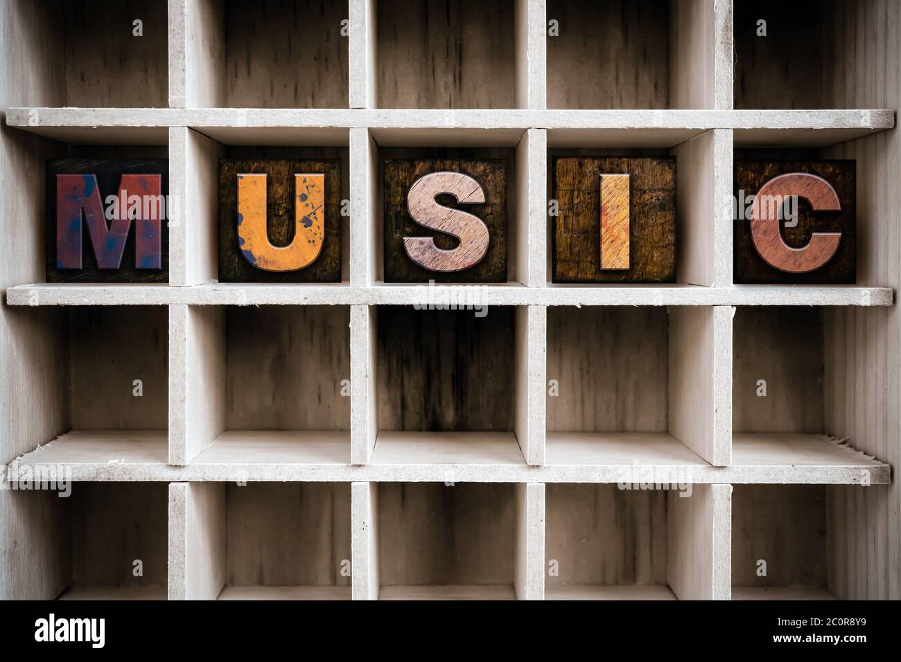 Music Concept Letterpress in legno tipo in cassetto Foto Stock