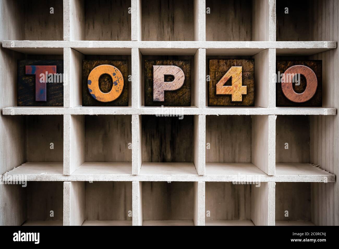 Top 40 Concept Letterpress in legno tipo in cassetto Foto Stock