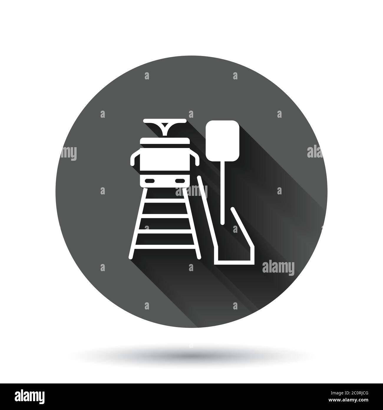Icona della stazione della metropolitana in stile piatto. Train immagine vettoriale metropolitana su sfondo nero rotondo con effetto di lunga ombra. Bus a pulsante circolare del carico ferroviario Illustrazione Vettoriale