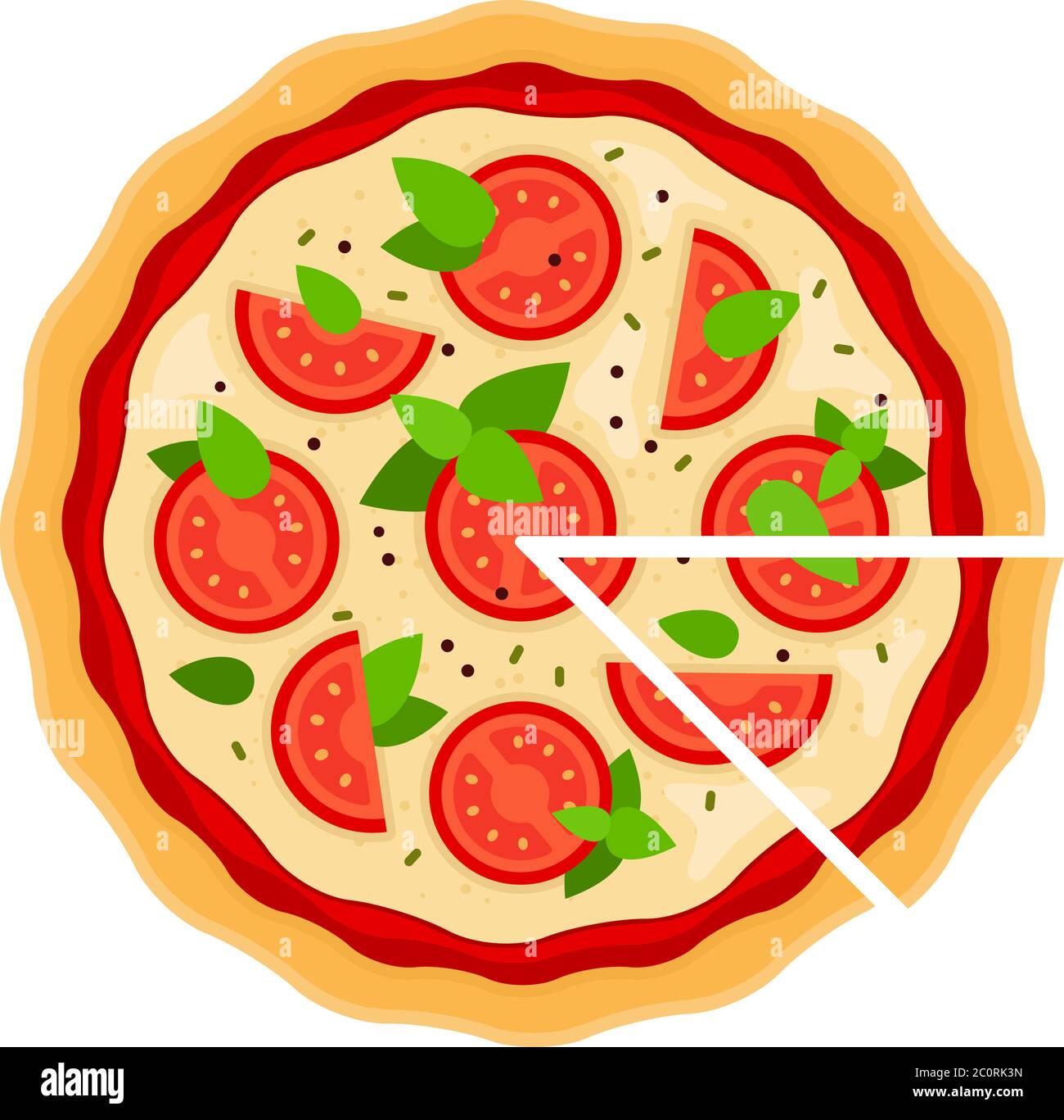 Pizza Margarita con un pezzo tagliato piatto icona vettore isolato Illustrazione Vettoriale