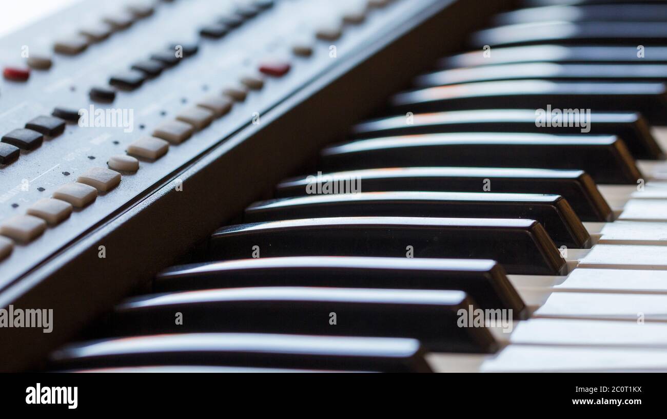 Sintetizzatore di tastiera, primo piano di tasti bianchi e neri Foto Stock