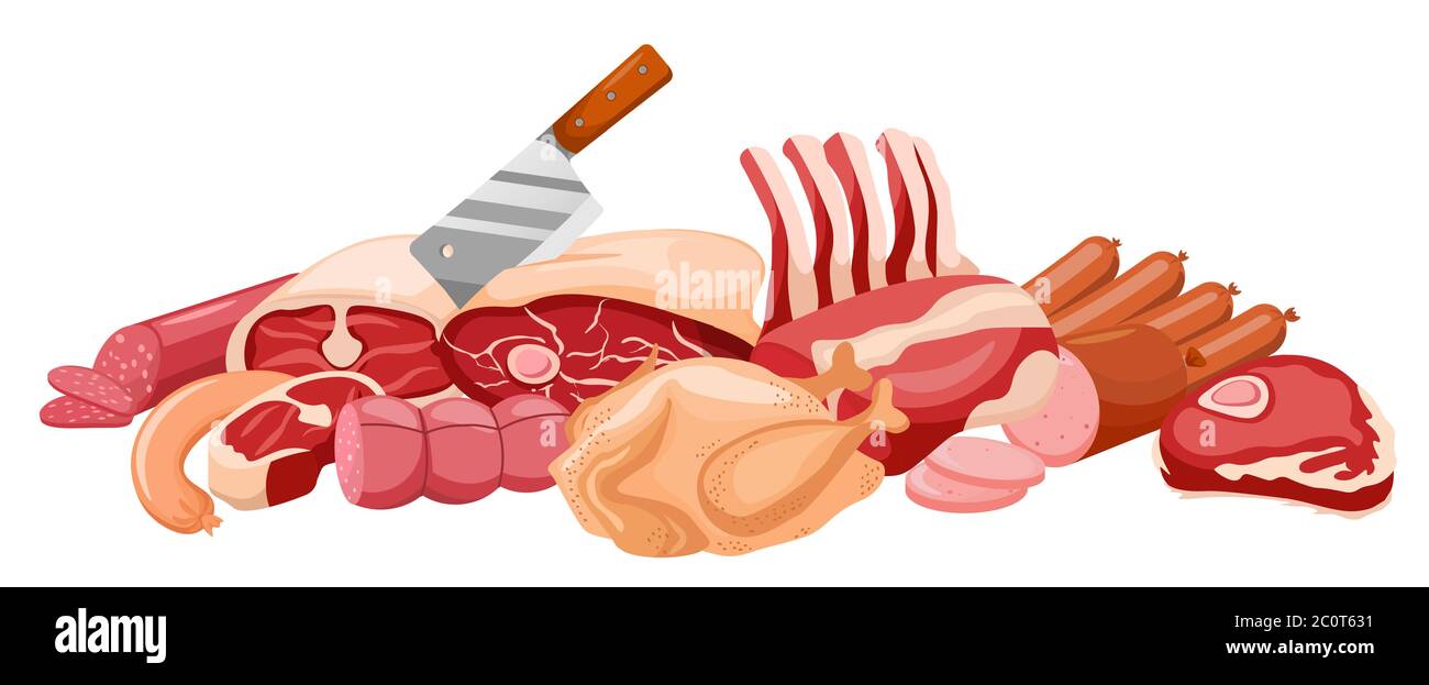 Striscione di carne vettore striscione di carne fresca isolato su bianco. Carne in stile piatto Illustrazione Vettoriale