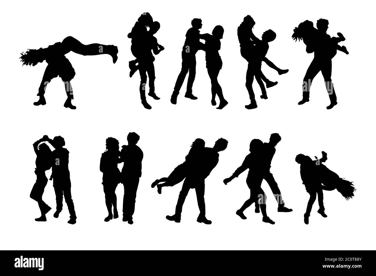 Set di silhouette di coppie da ballo isolate su sfondo bianco.persone su Street dance party.giovani coppie che ballano rockrolol.Stock illustrazione vettoriale Illustrazione Vettoriale