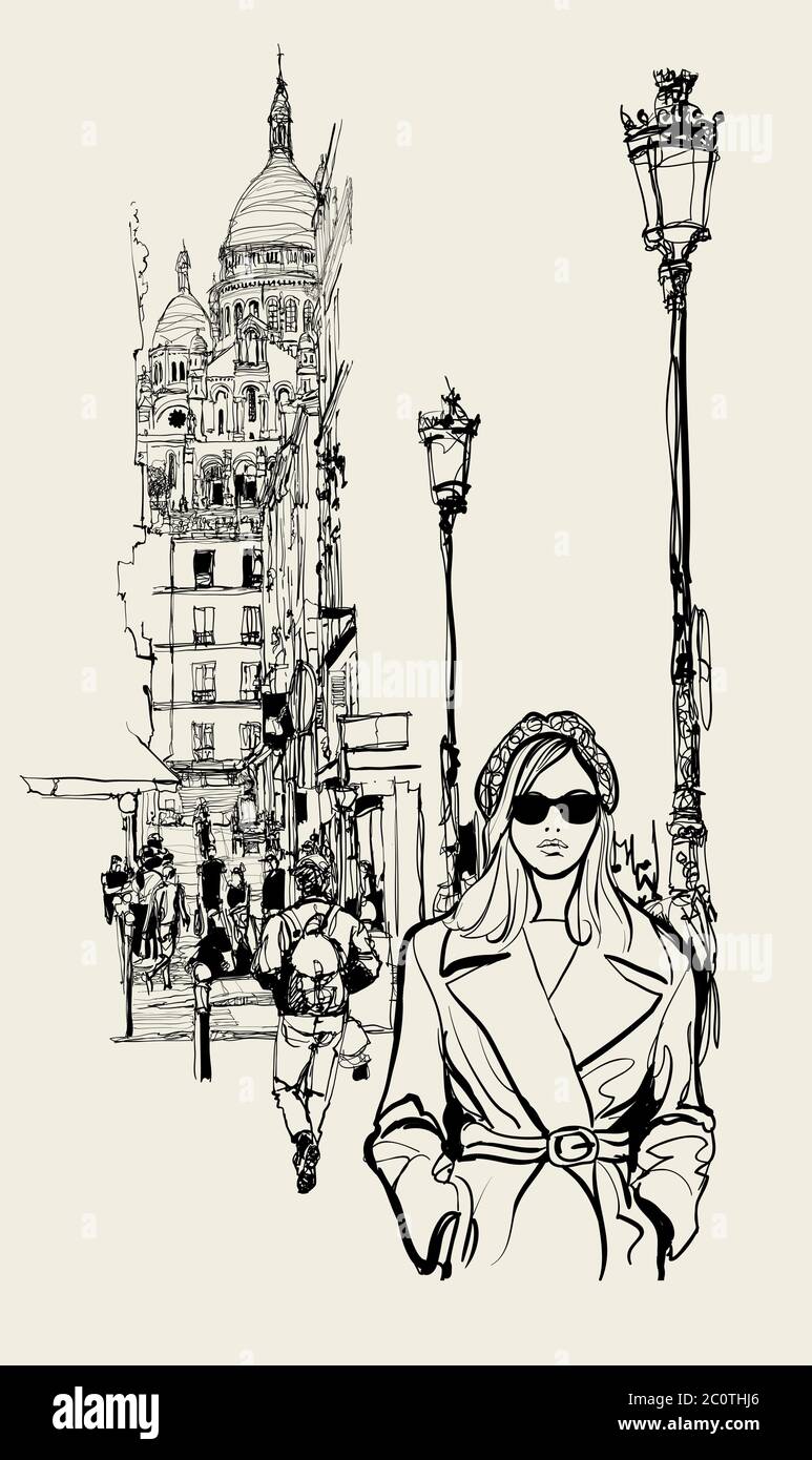 Street a Parigi con vista su Montmartre (rue Briquet) - illustrazione vettoriale (ideale per la stampa su tessuto o carta, poster o carta da parati, arredamento della casa Illustrazione Vettoriale