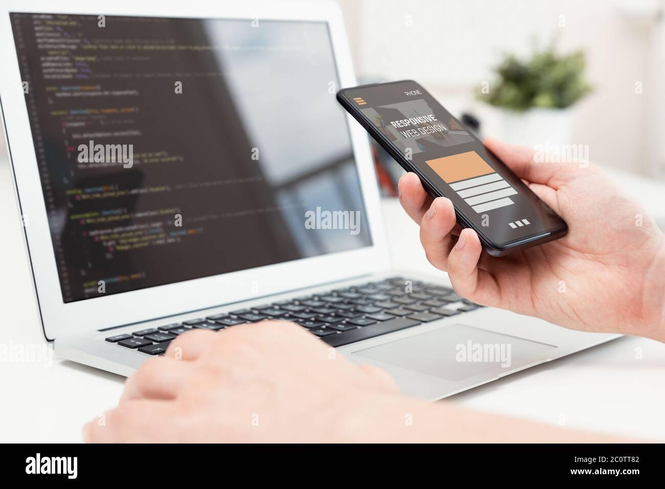 Sviluppatore Web, design concept. Programmatore che lavora sul codice. Foto Stock