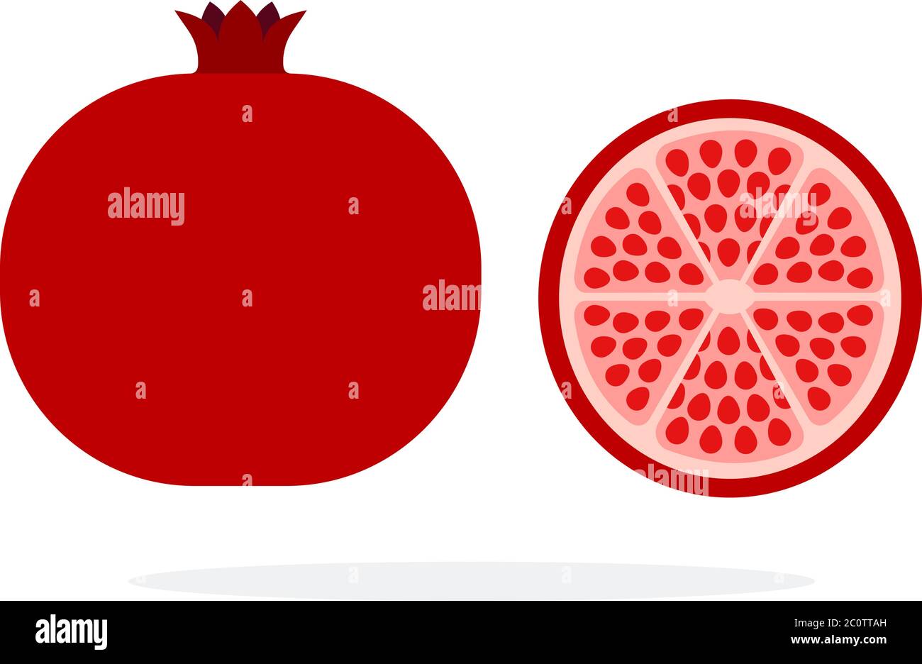 Melograno intero e melograno in una sezione piatta isolata Illustrazione Vettoriale