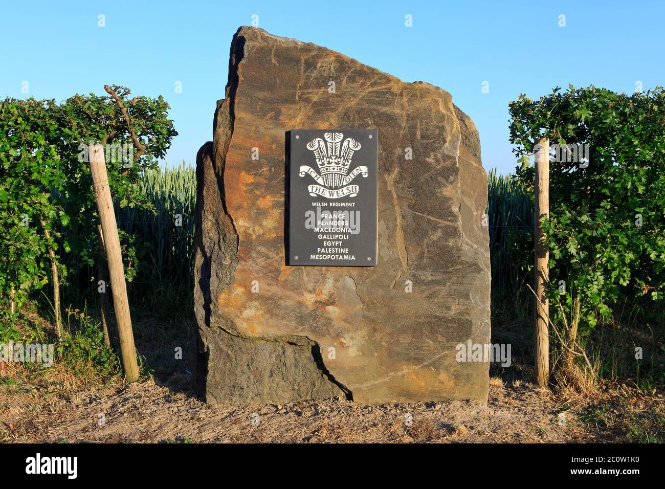 Lapide commemorativa con l'emblema regimentale del reggimento gallese (1881-1969) al Welsh National Memorial Park vicino Ypres, Belgio Foto Stock