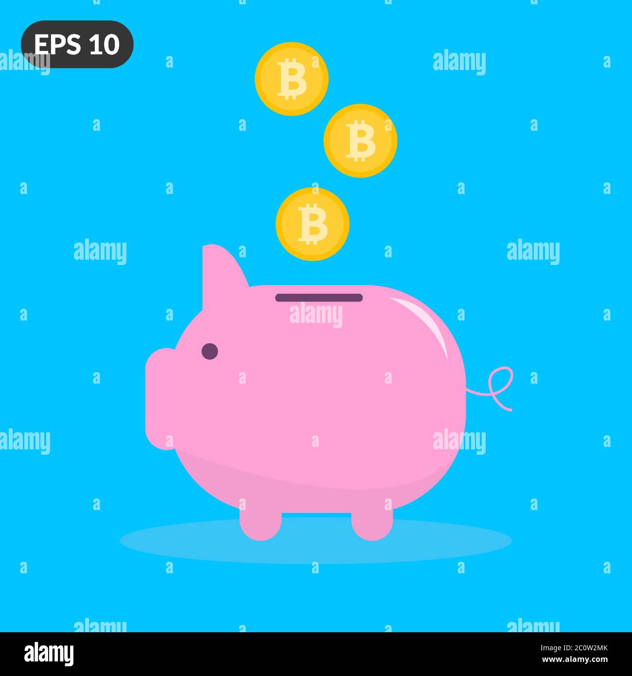 Monete d'oro Bitcoin che cadono nel concetto di banca piggy. Stile piatto Illustrazione Vettoriale