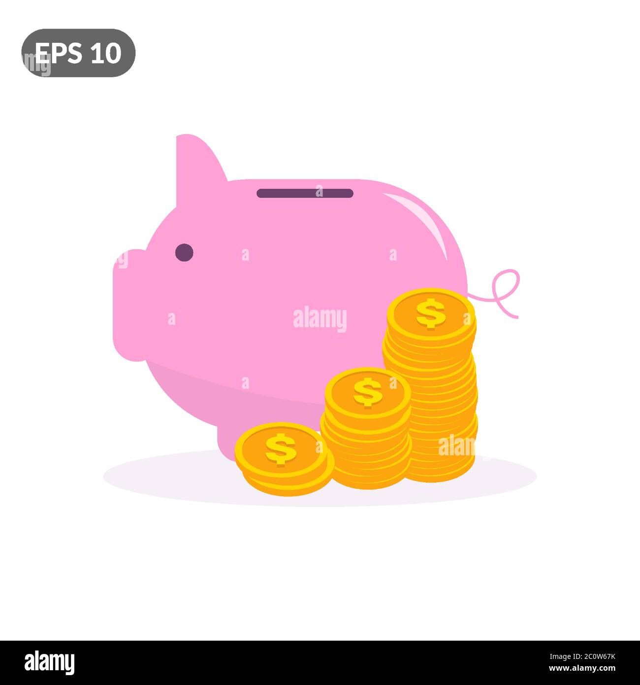 Pink piggy bank con mucchio di monete d'oro dollaro. Scatola portamonete rosa in stile piatto Illustrazione Vettoriale