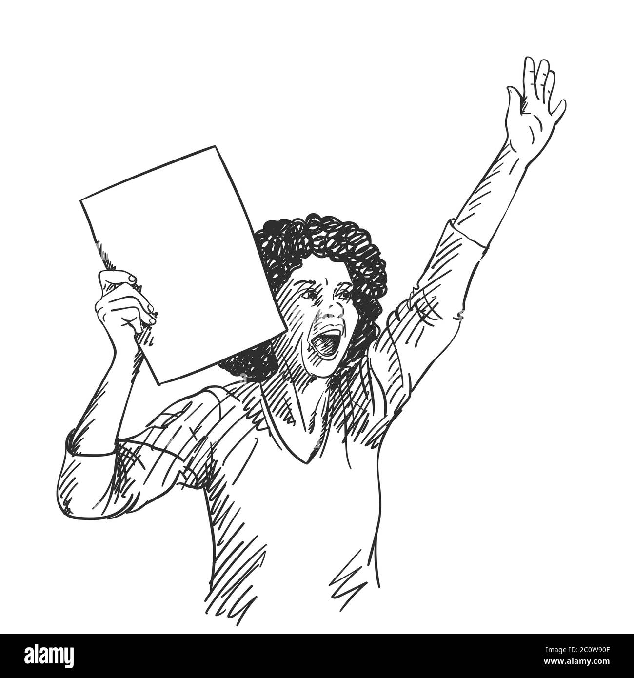 Protesta. Donna afro-americana con cartello vuoto urla durante la protesta. Schizzo vettoriale, illustrazione disegnata a mano Illustrazione Vettoriale