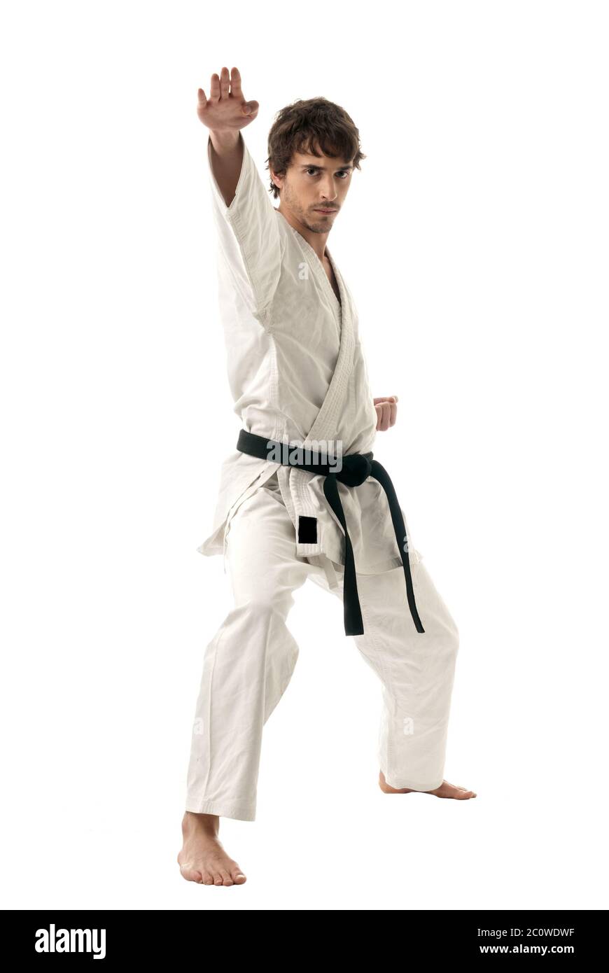 Il Karate combattente maschio giovane isolato su sfondo bianco Foto Stock