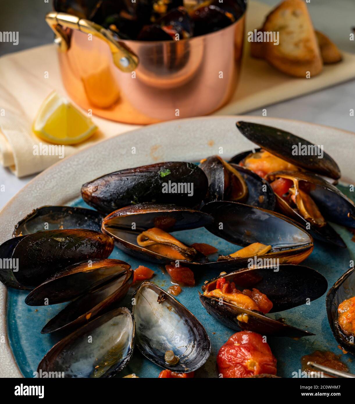 Cozze al vapore. Foto Stock