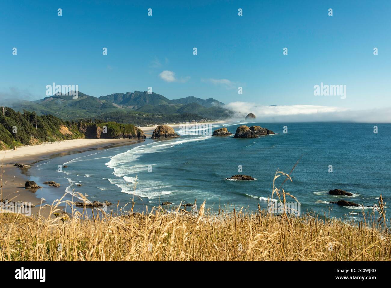 Vista panoramica di Crescent e Cannon Beach in Oregon in una giornata di sole con Haystack Rock in lontananza sul bordo di una banca nebbia che arriva a riva Foto Stock