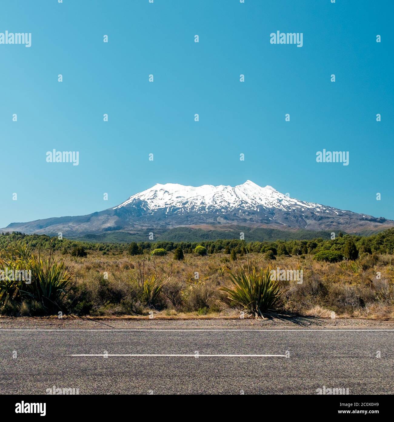 Il potente Monte Ruapehu contro il cielo blu puro. Nuova Zelanda. Foto Stock