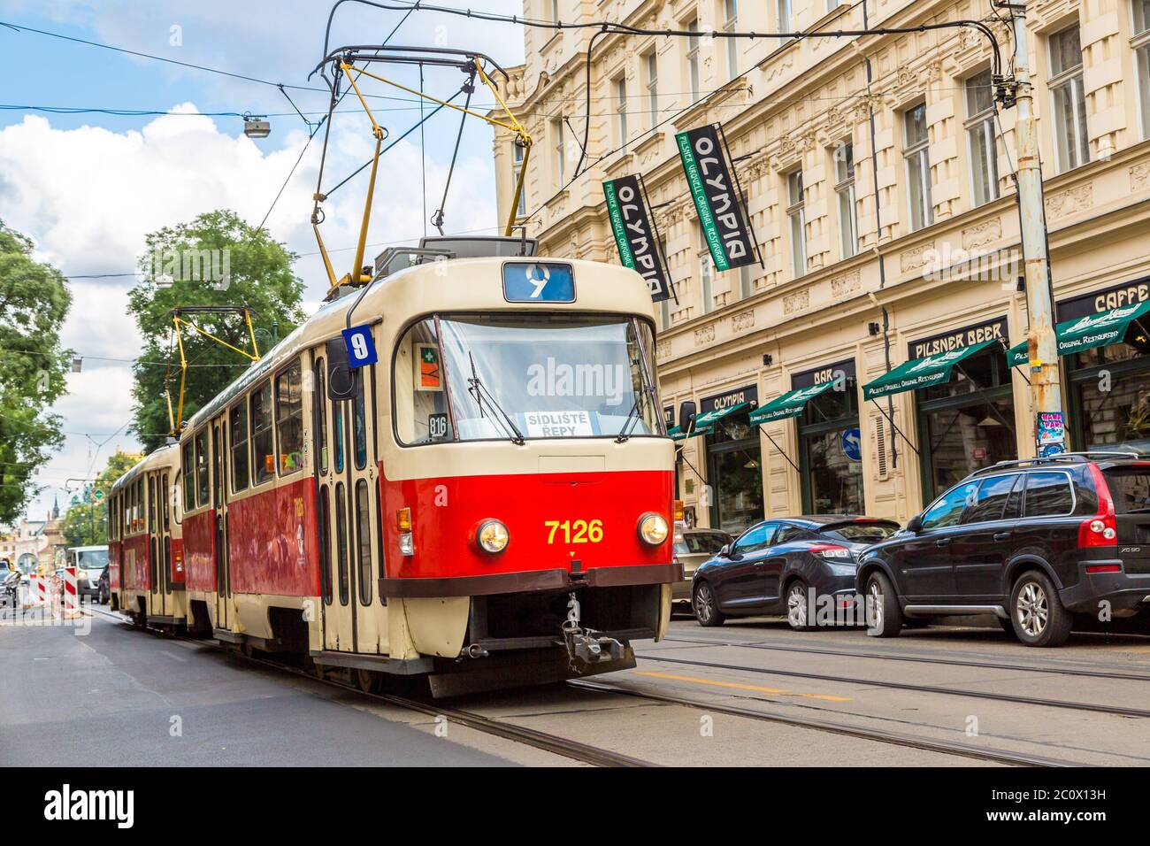 Praga Tram rosso dettaglio, Repubblica Ceca Foto Stock